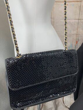 Whiting & Davis 80's READ Black Chainmail Shoulder Bag Gold Chain Strap Snap Clo